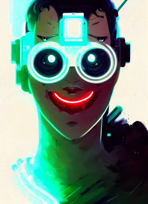 Image similar to highly detailed portrait of a cyborg grinning at the camera, atey ghailan, by greg rutkowski, by greg tocchini, by james gilleard, by joe fenton, by kaethe butcher, green gradient, neon blue, neon red and white color scheme, trending in pinterest, award winning details hd
