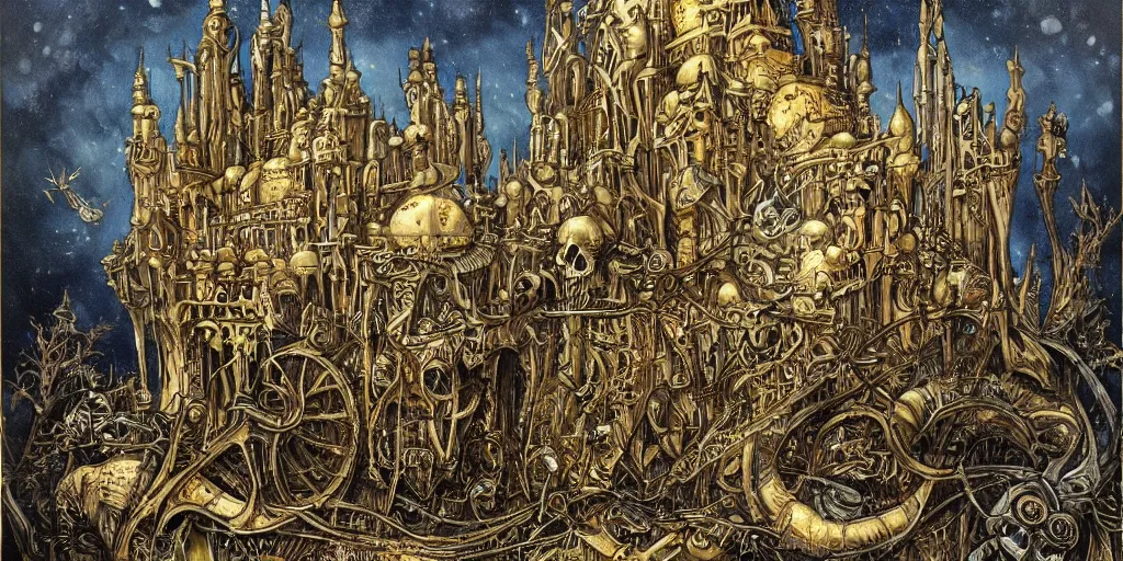 Image similar to a beautiful painting of skeleton fantasy gold world with architecture design haasan fatahy by aaron horkey, trending on artstation