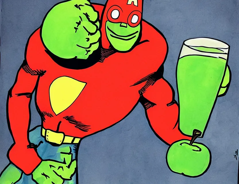 Image similar to cider - man, the superhero who really likes apple juice. this ink painting by the award - winning cartoonist has dramatic lighting, an interesting color scheme and great sense of depth.