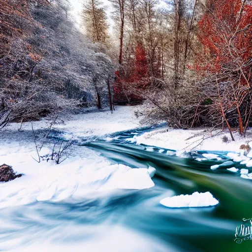 Prompt: winter icy rivers in the forest, woodland creatures, award-winning photography, 4k detail