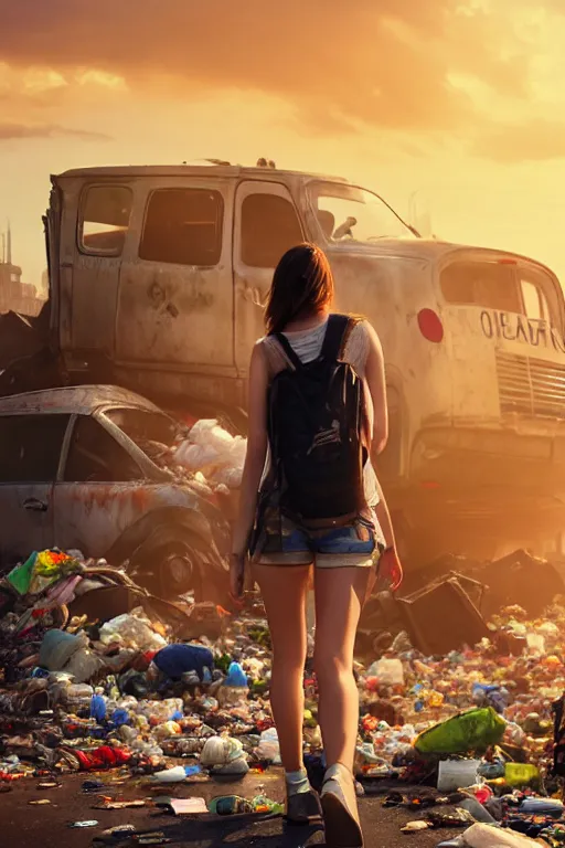 Prompt: wide photo of young woman beauty in mini short with backpack looking at food at garbage dump, destroyed cars, city is pure wasteland, moody sunset background, rays of sunlights, ( ( ( rainbow ) ) ), high details, sharp, photorealism, greg rutkowski, artgerm, shot with hasselblad, highly detailed