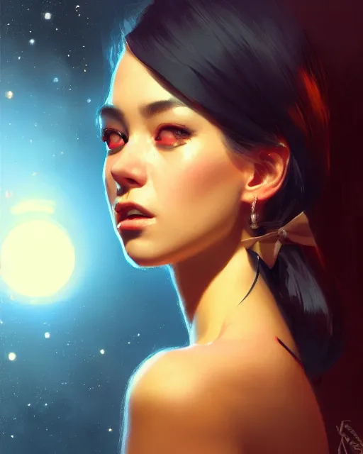 Image similar to a potrait of a space fanstasy cat, fine details. night setting. realistic shaded lighting poster by ilya kuvshinov katsuhiro, artgerm, jeremy lipkin and michael garmash, unreal engine, radiant light, detailed and intricate environment, digital art, trending on art station