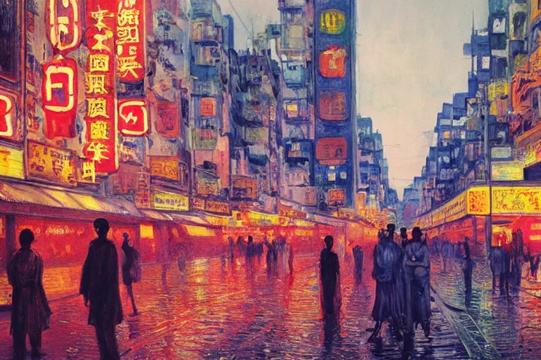 Prompt: dream festival, revelers playing games and shopping at a night market, low angle view from a city street lined with shops and apartments, glowing street signs, city like hong kong, tokyo, barcelona, oil painting by edvard munch, beksinski, digital art, trending on artstation