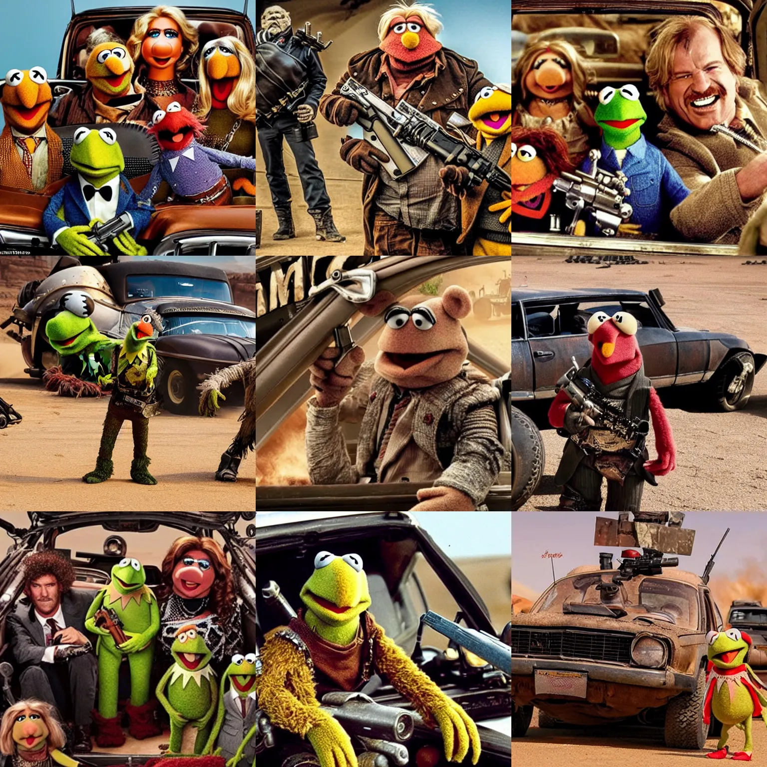 Prompt: the Muppets: mad max, lots of guns, photo