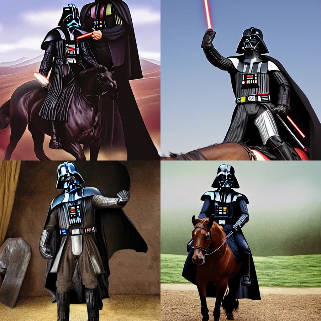 Prompt: Darth Vader rides a horse with the head of Frodo Beutlin the Hobbit