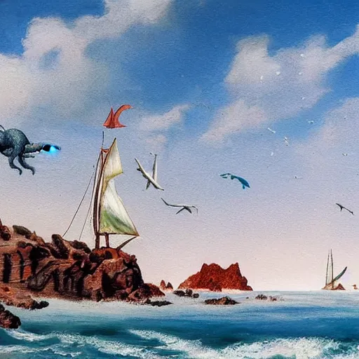 Prompt: A coast with sand and small rocks with a blue sky and a troubled sea and an old sailing ship on the horizon and in the sky is a flock of dinosaurs flying southwards, painted in oil colours