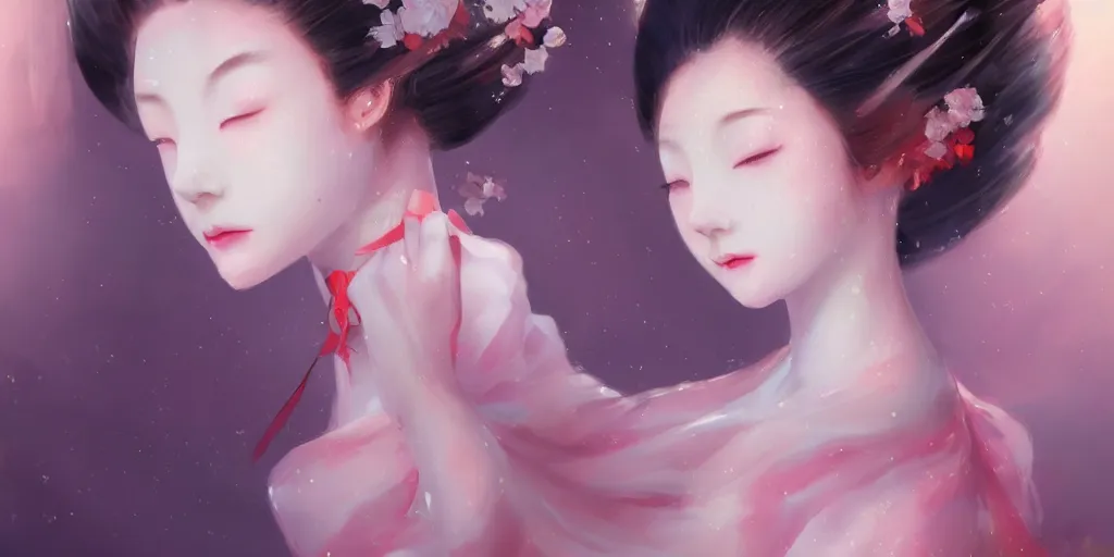 Prompt: Beautiful ethereal geisha prima ballerina, cute natural anime face, volumetric lighting, elegant, fluid, highly detailed oil painting, digital painting, concept art, smooth, sharp focus, illustration, strong lines and bold colors, limited color palette, atmosphere and tension, Japanese,manga, trending on artstation