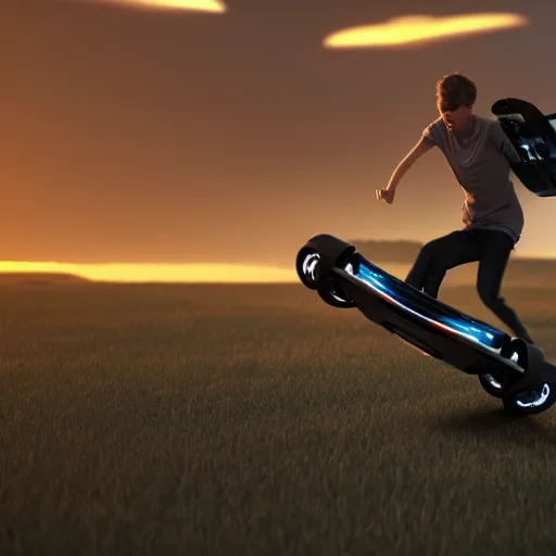 Prompt: film still of a teenage boy riding a hoverboard through the sky, sunset, golden hour, clouds. golden ratio. cinematic volumentric lighting space. octane render. concept art. trending on artstation
