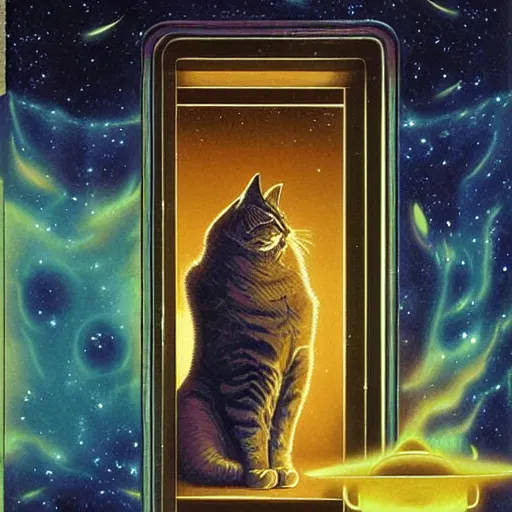 Prompt: a 7 0 s sci fi film art of the entry of a japanese futuristic shrine, a giant cat lying in the door colourful nebula as background by tim hildebrandt, dylan cole, eric heschong, god ray