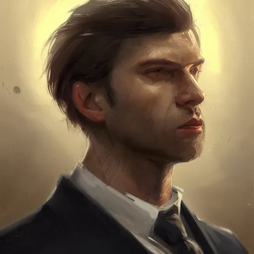 Image similar to Portrait of a man by Greg Rutkowski, he is about 30 years old, mixture between russian and German, coiffed brown hair, attractive, smart looking, he is wearing a black futuristic lawyer outfit, highly detailed portrait, scifi, digital painting, artstation, concept art, smooth, sharp foccus ilustration, Artstation HQ