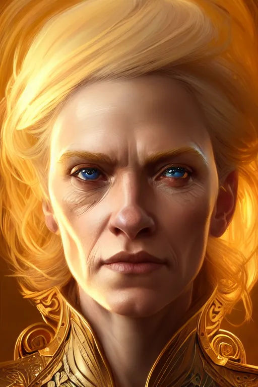 Image similar to portrait of a middle aged blonde haired woman in the style of god of war, golden machine parts, intricate, elegant, highly detailed, digital painting, artstation, concept art, smooth, sharp focus, illustration, art by artgerm and greg rutkowski and alphonse mucha, 8 k