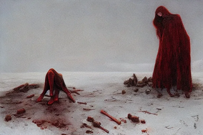 Image similar to a surrealist painting of a lonely woman with pale skin and red hair, standing over pile of bodies in post apocalyptic snowy landscape, painted by zdzisław beksinski