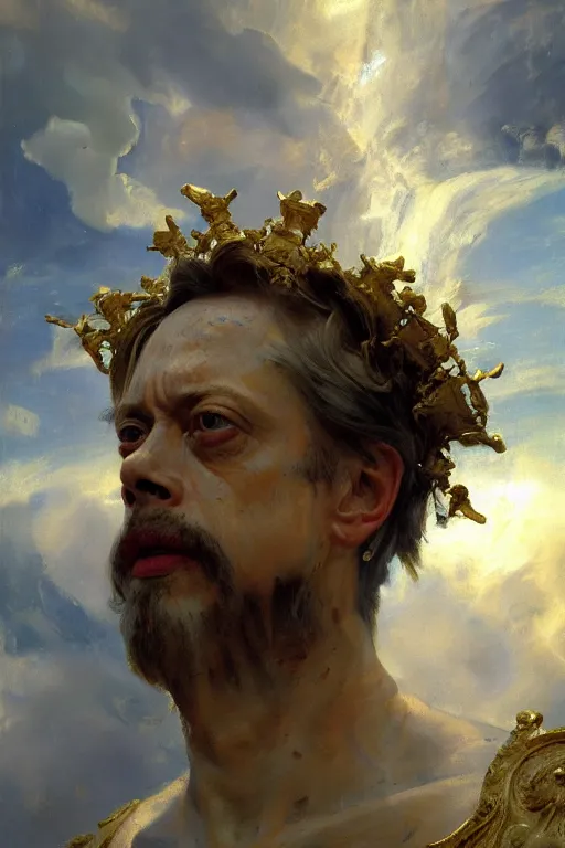 Image similar to beautiful detailed expressive impressionistic oil painting portrait of ancient roman god emperor steve buscemi ascending into the clouds wearing the civic crown, renaissance painting, art by anders zorn, wonderful masterpiece by greg rutkowski, expressive brush strokes, beautiful cinematic light, american romanticism by greg manchess, jessica rossier