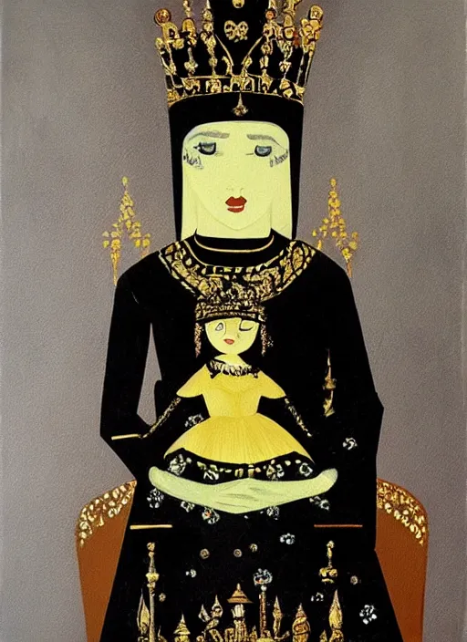 Image similar to an oil painting of a small queen in a black funeral dress sit on a throne, by eyvind earle