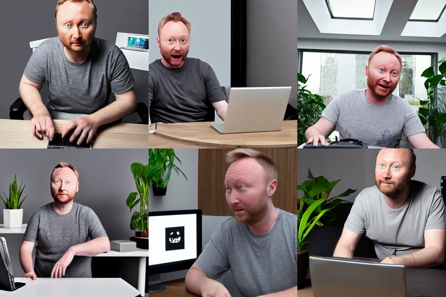 Prompt: a white man that looks exactly like limmy wearing a grey tshirt playing pc games on a desktop pc in a grey room with house plants and skylight, fluffy white cat on the table