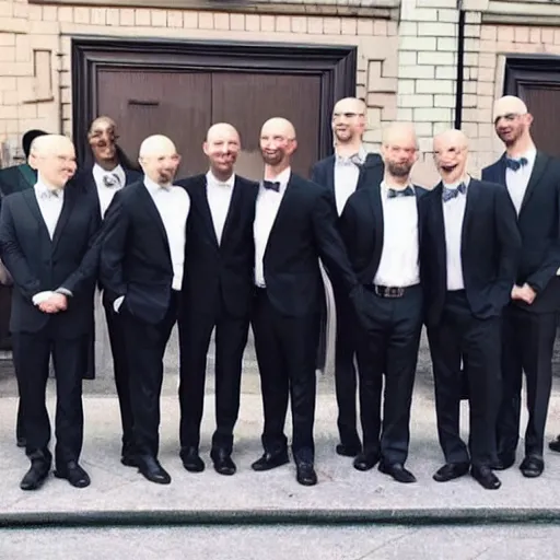 Prompt: 5 0 bald men in suits