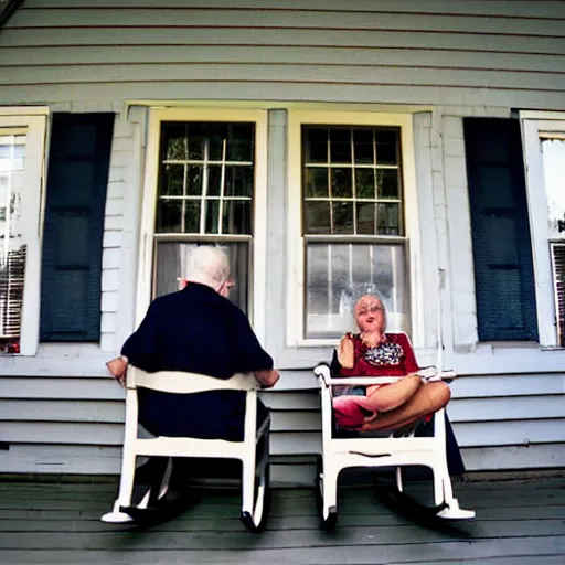 Image similar to tiny old man and his giant tall frightening skeleton wife sit in rocking chairs on on the porch of their house, 8mm photography