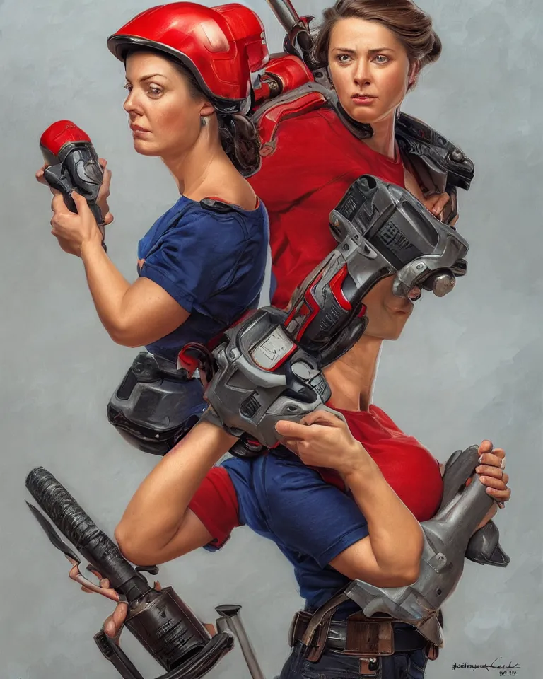 Image similar to epic portrait a slightly muscular woman wearing short sleeved uniform and carrying a red power tool drill, detailed, centered, digital painting, artstation, concept art, donato giancola, Joseph Christian Leyendecker, WLOP, Boris Vallejo, Breathtaking, 8k resolution, extremely detailed, beautiful, establishing shot, artistic, hyperrealistic, beautiful face, octane render