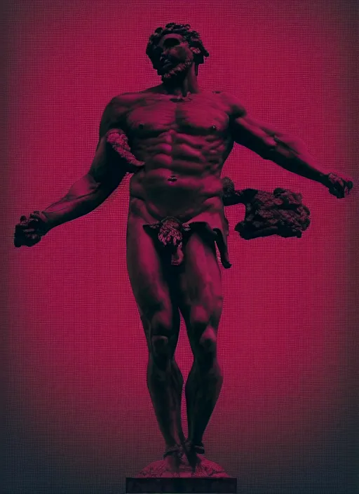Prompt: black background, statue of hercules, ( ( ( skeleton ) ) ), grey, thin lines, dark, red and purple grid and lines, glitch art, neo vaporwave, gritty, movie poster, layout design, trending on artstation