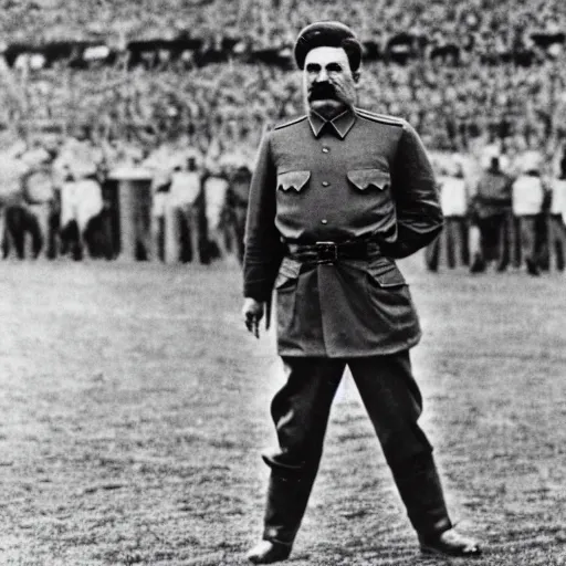 Image similar to stalin stands at the gate on the football field and catches the ball, photo of stalin at the stadium