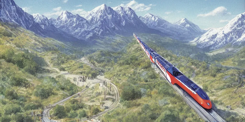 Image similar to concept art of a tgv speeding through an alpine valley, 1 9 8 0 s illustration, matte pale coloring, beautiful weather