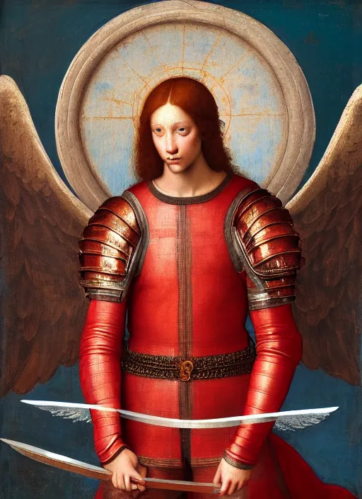 Image similar to a beautiful intricate renaissance painting portrait of a man angel aasimar knight in an ornate completely red heavy armor with a shining heavenly sword and giant blue wings, by Raphael, Leonardo DaVinci, great masterpiece, award winning historic painting, dynamic composition, trending on artstation,4k, 8k
