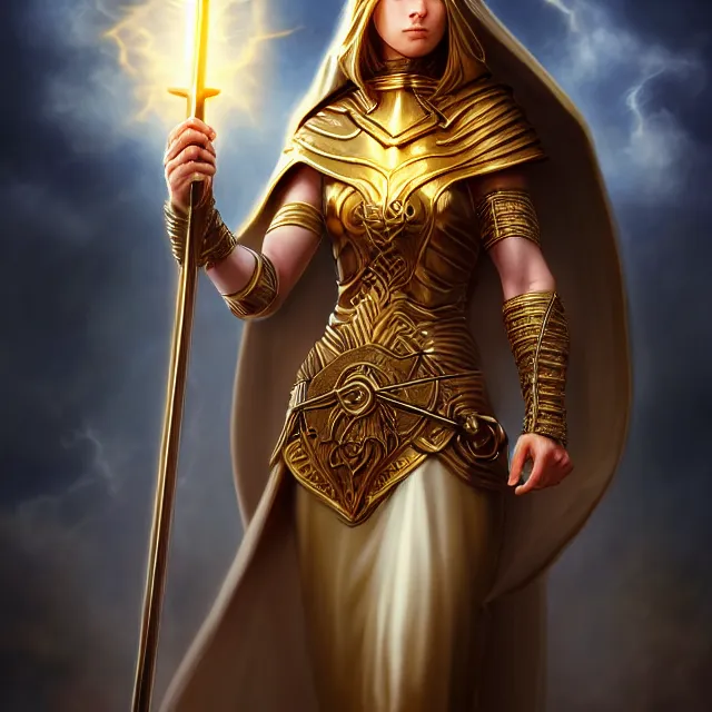 Prompt: holy cleric warrior with light powers, artgerm, anne stokes, highly detailed, 8 k, hdr, close up, smooth, sharp focus, high resolution, award - winning photo