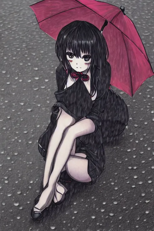 Prompt: A stern girl in Japanese maid's clothes and long stockings sits on the wet pavement in a parking lot in the rain at night. Dark anime drawing in gothic style.