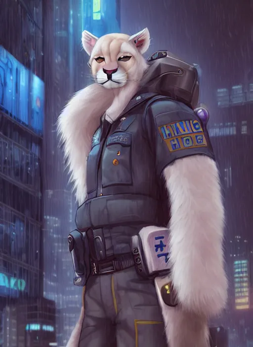 Prompt: character portrait of a male anthro albino mountain lion fursona with a tail and a cute beautiful attractive furry face wearing a cybertech police uniform in a cyberpunk city at night while it rains. hidari, color page, tankoban, 4K, tone mapping, Akihiko Yoshida.