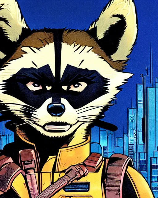 Image similar to a close up portrait of rocket raccoon, weapon on a ready looking determined overlooking a cyberpunk city in the background, full face portrait composition, 2D drawing by Mike Mignola, Yoji Shinkawa, flat colors, chiaroscuro