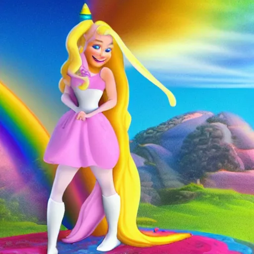 Prompt: a princess with extremely long blond hair from a cartoon riding a unicorn over a rainbow render as pixar movie