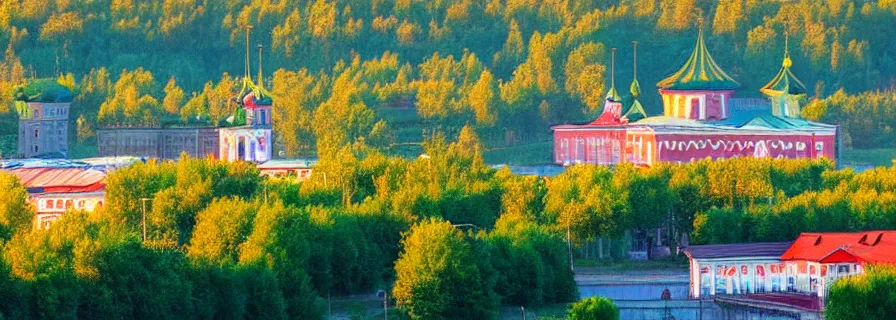 Image similar to view on sleeping district in province russian town at morning sunrise, romantic lighting, squared buildings, trees