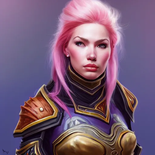 Prompt: a portrait of a very beautiful woman hunter in armor warcraft style armor. pink hair, bored, illustration, soft lighting, soft details, painting oil on canvas by mark arian by artgerm, trending on artstation, 4k, 8k, HD