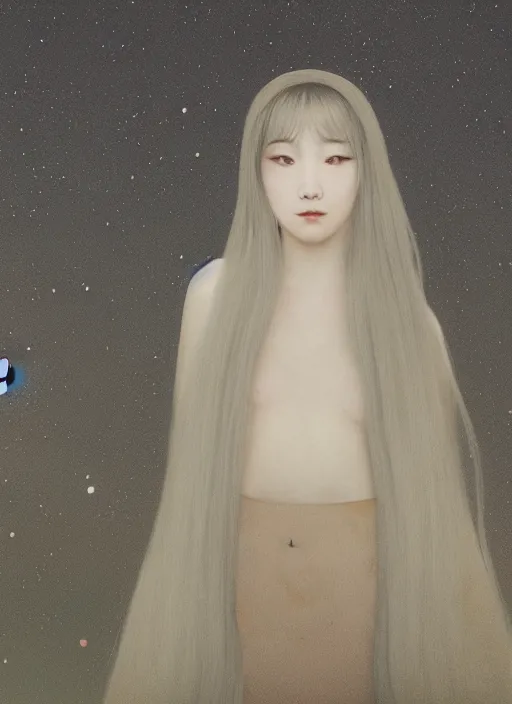 Image similar to beatifull pale wan woman, feminine goddes, side view, lit by the moon, adorable korean face silver hair!!, style of fernand khnopff and lucien levy - dhurmer, 4 k resolution, aesthetic!,