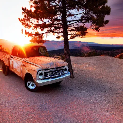 Prompt: sunset light landscape with bryce canyon, lots of sparkling details and sun ray ’ s, blinding backlight, smoke, volumetric lighting, colorful, octane, 3 5 mm, abandoned gas station, old rusty pickup - truck, beautiful epic colored reflections, very colorful heavenly, softlight