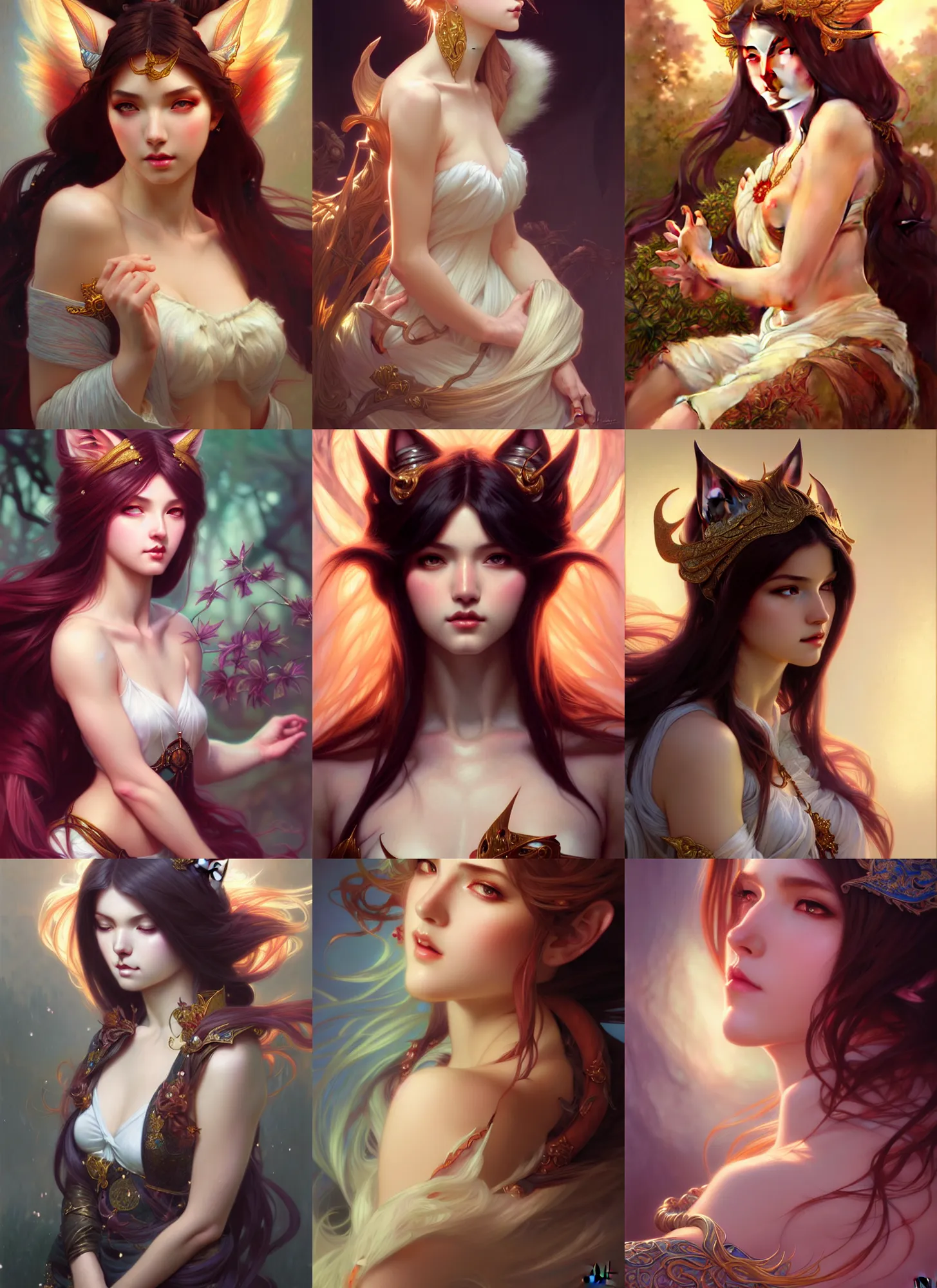 Prompt: portrait of ahri, diffuse lighting, fantasy, intricate, elegant, highly detailed, lifelike, photorealistic, digital painting, artstation, illustration, concept art, smooth, sharp focus, art by john collier and albert aublet and krenz cushart and artem demura and alphonse mucha