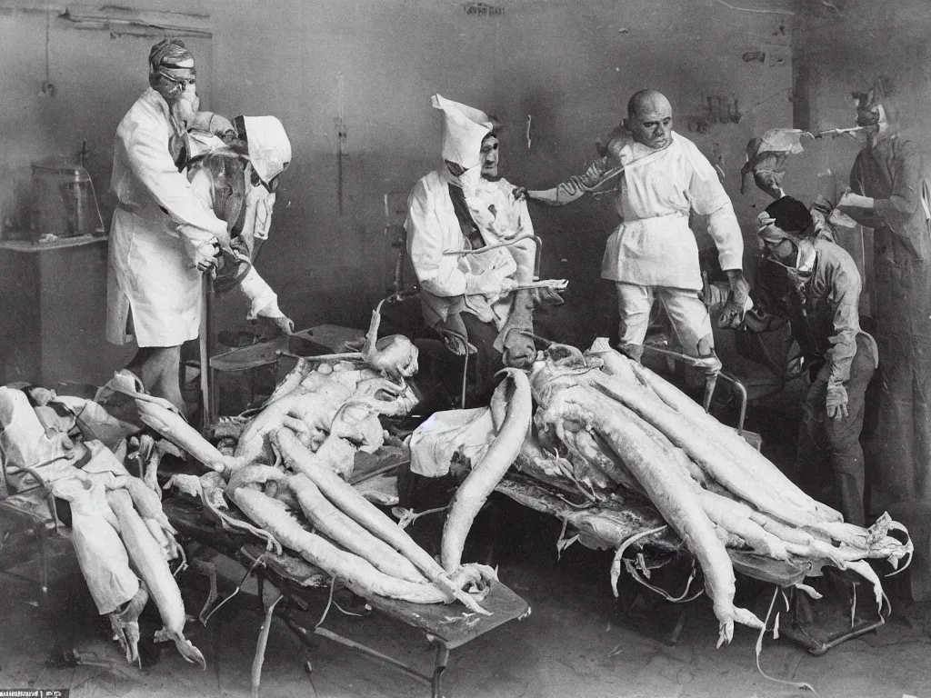 Image similar to a nurse is removing a cubic metre of compressed squid from a man's ears, the hospital is on fire, the nurse has three heads and is dressed in the skin of her father