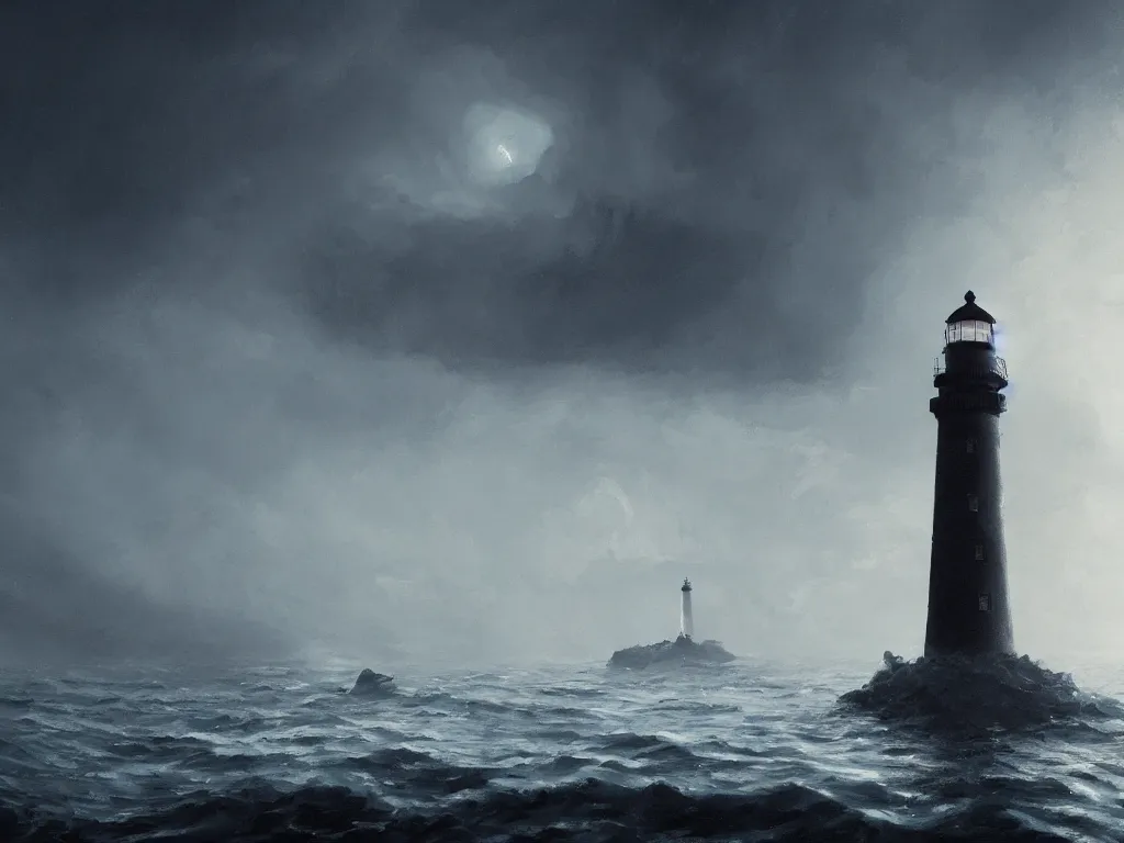 Image similar to a beautifuly ultradetailed painting of a lighthouse in a sea of black water with eldritch terrors crawling up from the water, icy mist, morning shot, raphael lacoste, makoto shinkai, 4 k, trending on artstation, aerial photography, ultrawide lens : 2, dof : - 1, blur : - 1