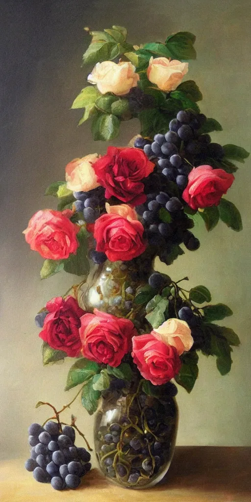 Prompt: a vase with roses and grapes growing on it ， oil painting