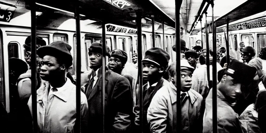 Prompt: new york subway cabin 1 9 8 0 s inside all in graffiti, black guy in the black beret, coloured film photography, christopher morris photography, bruce davidson photography