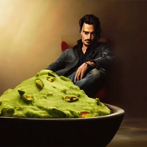 Image similar to johnny depp sitting in a giant bowl of guacamole, ultra high detailed, oil painting, greg rutkowski, charlie bowater, yuumei, yanjun cheng, unreal 5, daz, hyperrealistic, octane render, rpg portrait, dynamic lighting