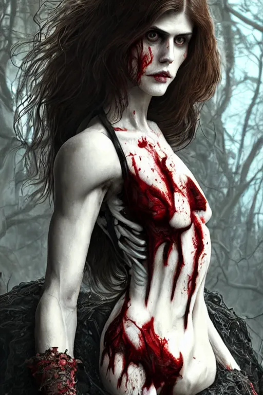 Image similar to skeleton black bones!!, covered with blood, alexandra daddario face!!, long red hair, ultra realistic, concept art, intricate details, highly detailed, photorealistic, octane render, 8 k, unreal engine. retro film still, heavy grain, 3 5 mm, art by artgerm and greg rutkowski and alphonse mucha