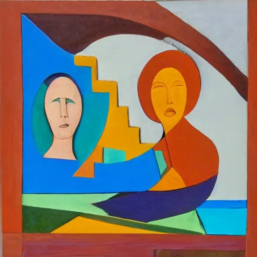 Prompt: women weaving the story of life on the rocks by the seashore, high quality art in the style of cubism and georgia o’keefe,