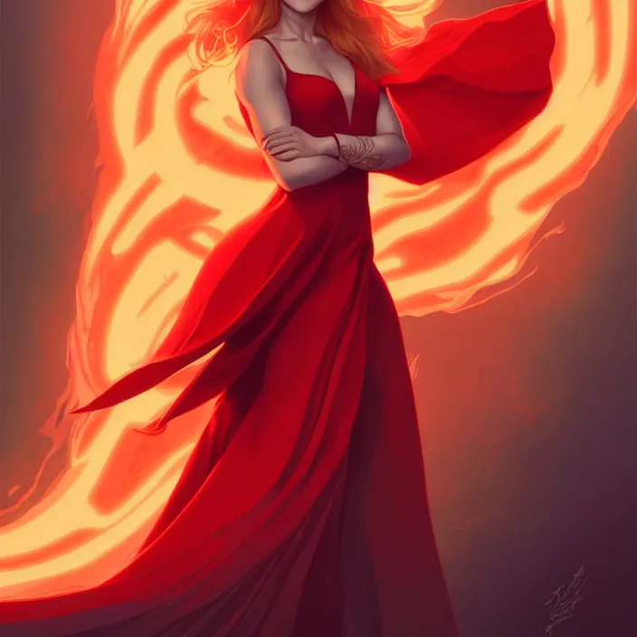 Image similar to style artgerm, joshua middleton, beautiful kristen bell with dark red dress, very long orange hair, symmetrical face, symmetrical eyes, fire powers fire swirling, detailed, volcano setting, cinematic lighting