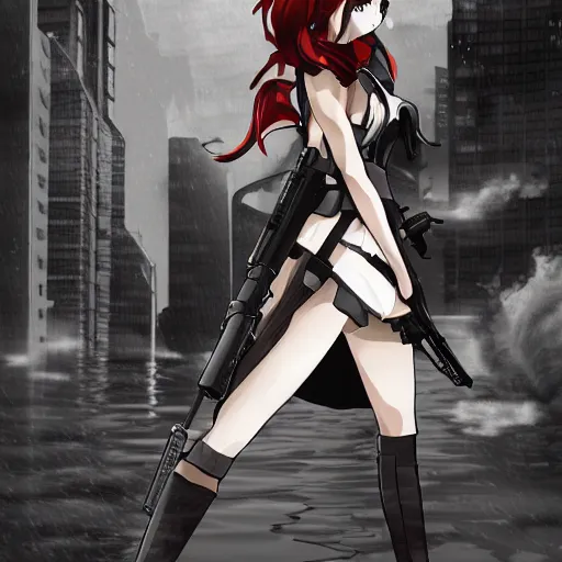 Image similar to woman standing holding large gun in cityscape, flooding, manga style, rwby, shonin jump, black and white, line art