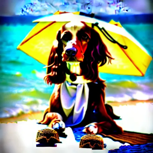 Prompt: cute brown spaniel by the seaside, parasols, bright towels, Coco Dávez style