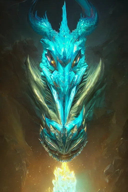 Prompt: A fancy portrait of a crystalized dragon by Greg Rutkowski, beeple, Sung Choi, Mitchell Mohrhauser, Maciej Kuciara, Johnson Ting, Maxim Verehin, Peter Konig, final fantasy, macro lens , 8k photorealistic, cinematic lighting, HD, high details, dramatic, dark atmosphere, trending on artstation