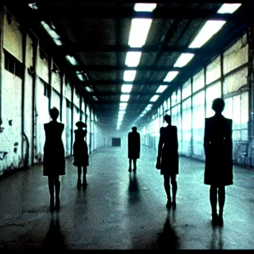 Image similar to replicants standing in an abandoned factory, still from closed circuit tv footage