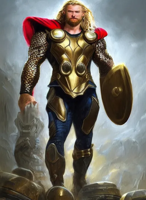 Prompt: a professional painting of a young Thor, wearing an ornate, muscle revealing, detailed, intricate golden armor, olive skin, long dark hair, intricate, elegant, digital painting, concept art, smooth, nice background bokeh, illustration, from StarCraft by Ruan Jia and Mandy Jurgens and Artgerm and William-Adolphe Bouguerea