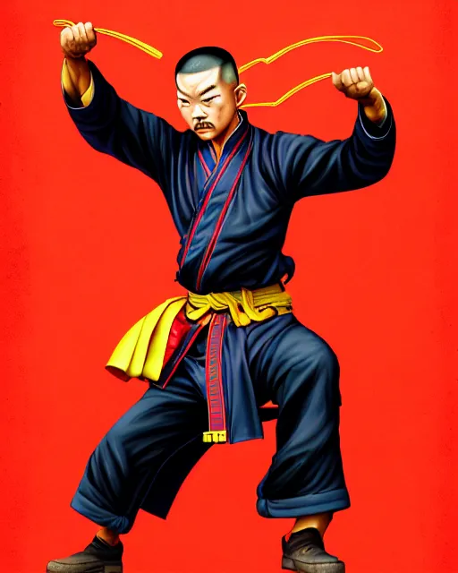 Image similar to richly detailed color illustration of a shaolin-fire-fighter-cop-kung-fu illustrated by Artgerm and Timothy Kong . 3D shadowing